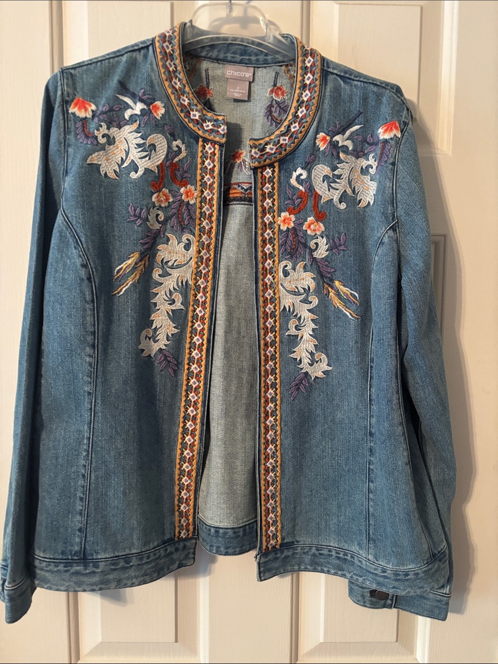 Chico's Blue Denim Jacket with Multicolor Floral Embroidery